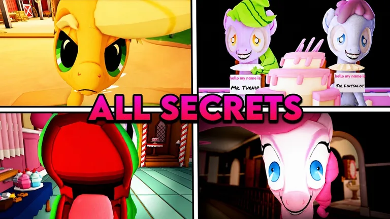 Gameplay video cover for PINKIE PROMISE All Secrets: Applejack, name-tag party guests and Pinkie Pie in a dark hallway collage